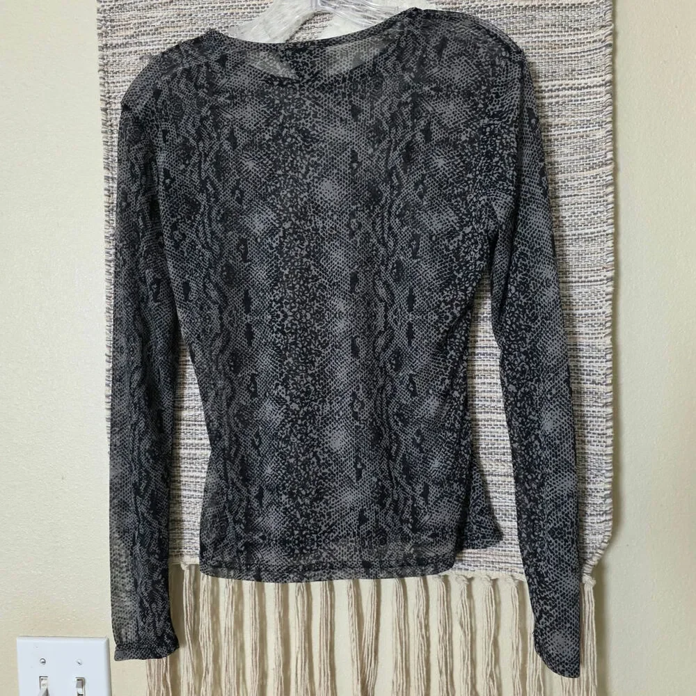 Express Women's Sheer Snake Print Mesh Top Size S Gray Black Long Sleeve Y2K